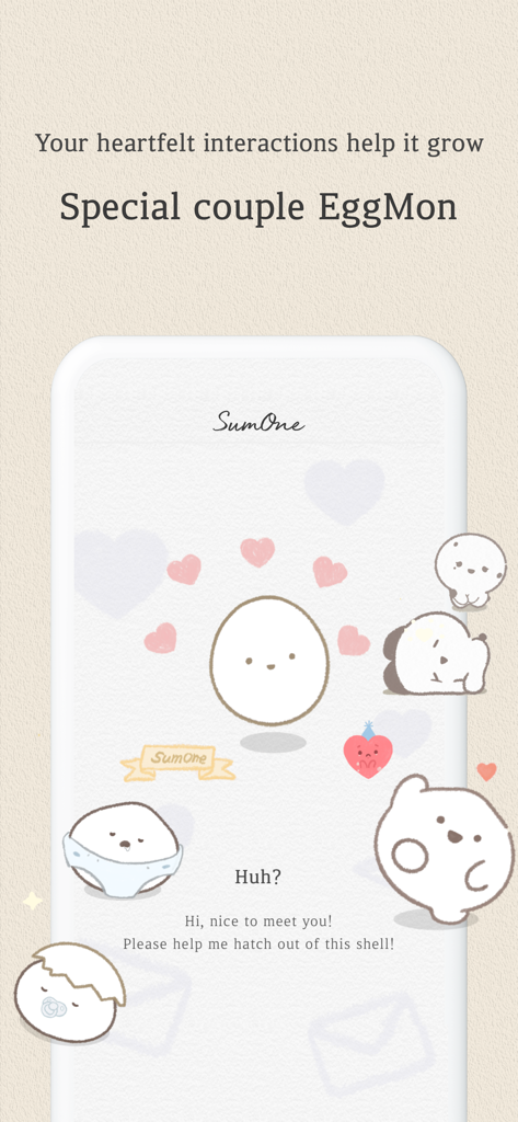 Screenshot of the SumOne app showing EggMon a cute virtual pet for couples
