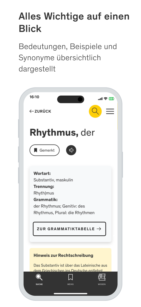 Duden app interface showing detailed German dictionary information for the word Rhythmus including grammar and spelling.