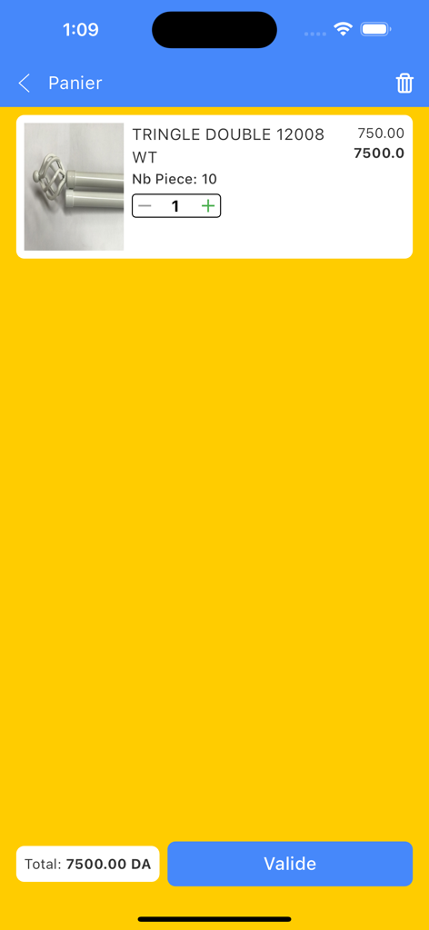 El Wafa Plus - Shopping cart interface of El Wafa Plus app showing product details and order total.