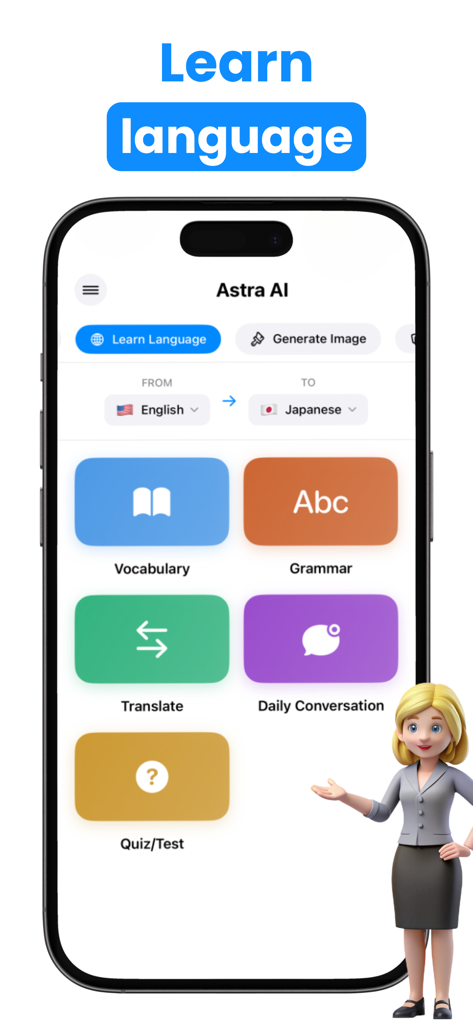 AI Assistant All-In-One: Astra - Pantalla de la aplicación móvil Astra AI que muestra herramientas de aprendizaje de idiomas para vocabulario, gramática y traducción.