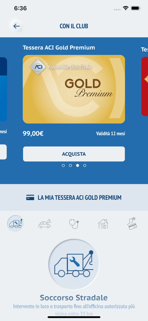 ACI Space app screen displaying the ACI Gold Premium digital membership card and roadside assistance service option