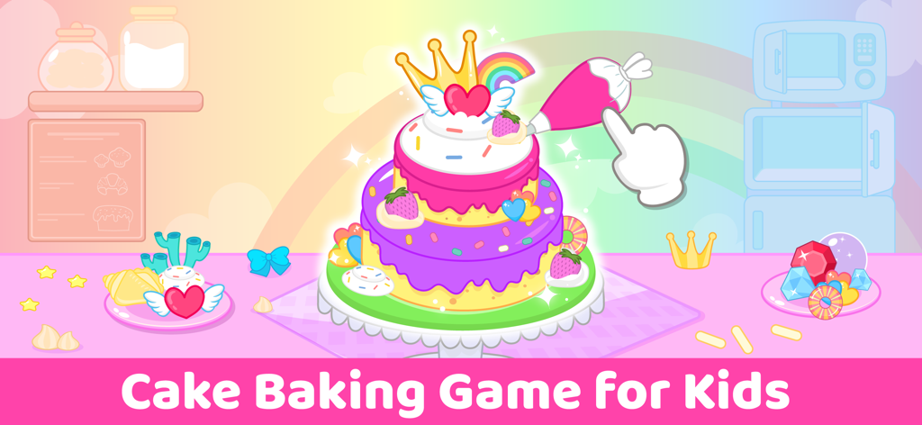 Cake Maker Kids Cooking Games - Un pastel colorido de tres pisos siendo decorado con una manga pastelera en un juego de cocina para niños