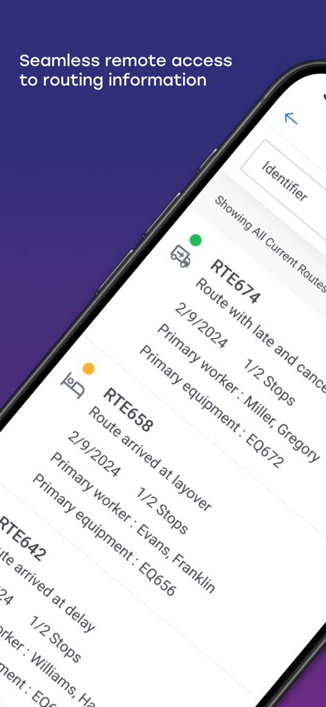 Omnitracs Mobile Manager app interface showing a list of active vehicle routes with worker and equipment details.