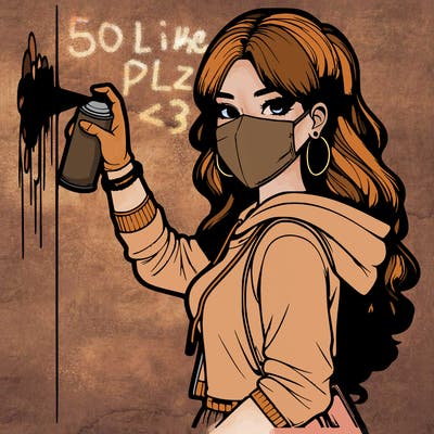 realistic girl with mask spray painting a wall