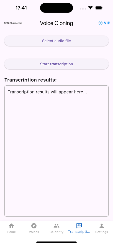 Voice Clone:AI Voice Generator - Interfaz de la aplicación AI Clonación de Voz que muestra la función de transcripción de audio a texto