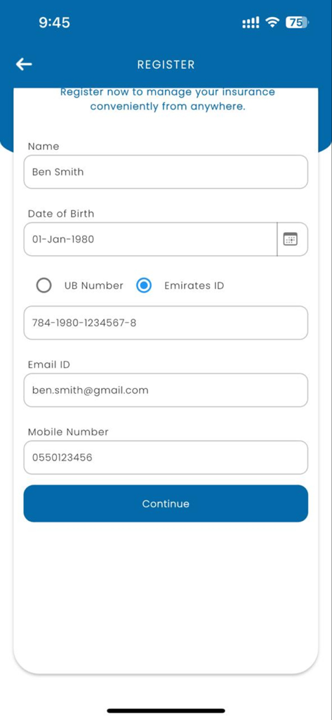 ECARE INTERNATIONAL TPA - Registration screen for ECARE International TPA app featuring form fields for user name date of birth and identification number
