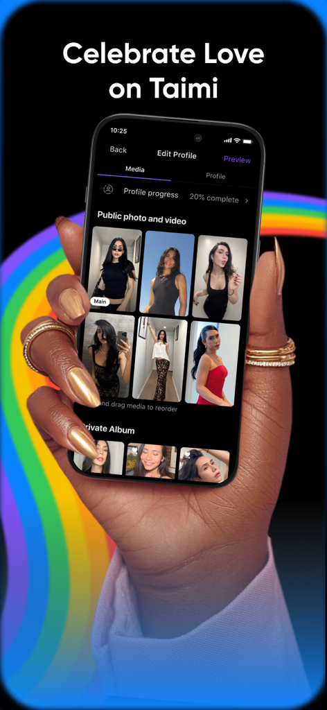 A smartphone showing the Taimi app profile editor with public and private photo galleries