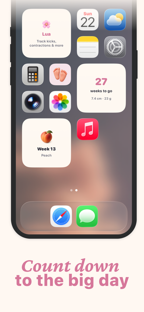 Pregnancy Tracker Baby Lua app widgets on an iPhone home screen showing week progress and countdown