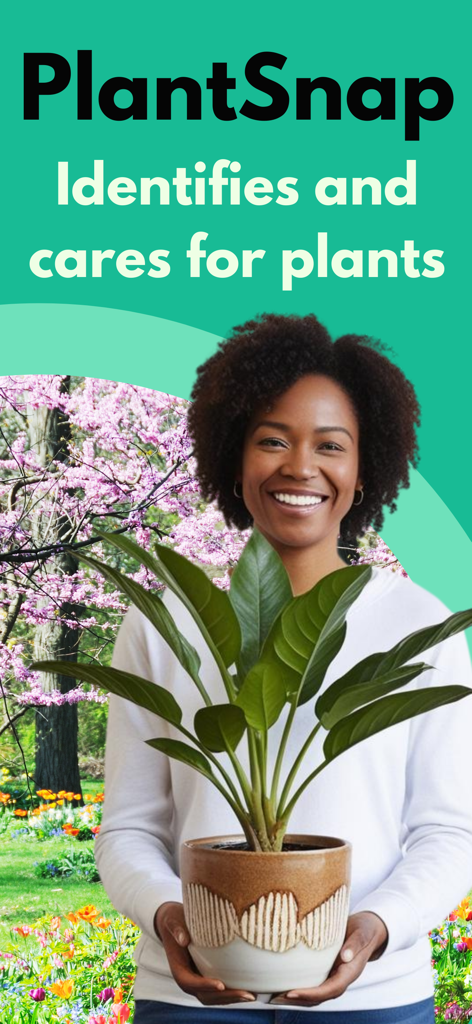 Plantsnap Plant Identifier - A smiling woman holding a potted plant in a beautiful garden featuring the PlantSnap app logo