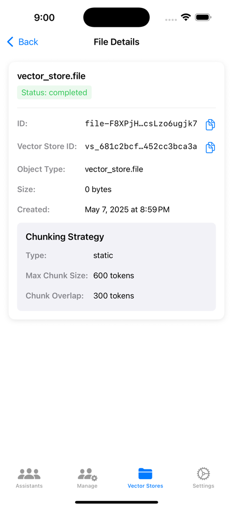 OpenAssistant - OpenAssistant app showing vector store file details including chunking strategy and processing status