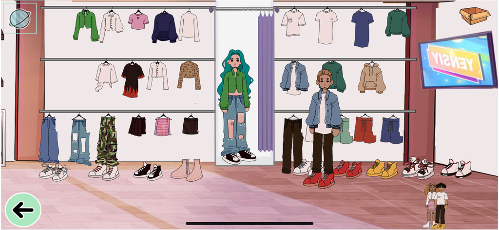 Moon World: Life & Style Sim - Dos personajes de pie en una tienda de ropa llena de atuendos estéticos Y2K y cozycore