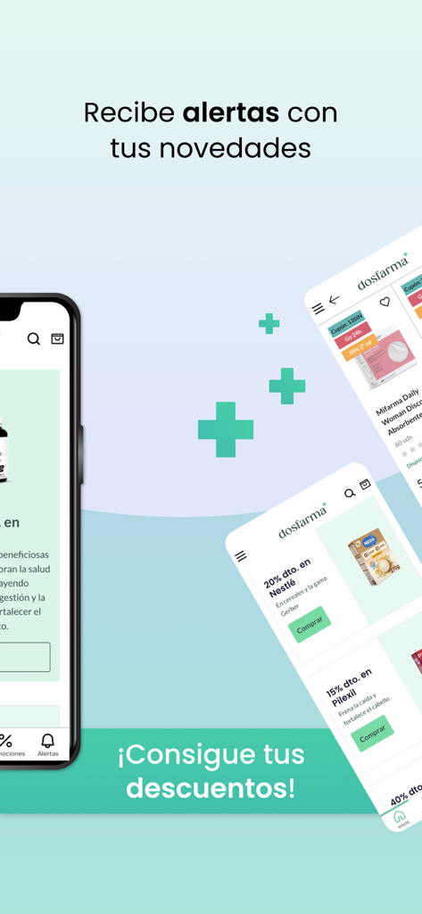 Interfaz de la app de farmacia DosFarma mostrando alertas de notificación y descuentos promocionales en productos de salud