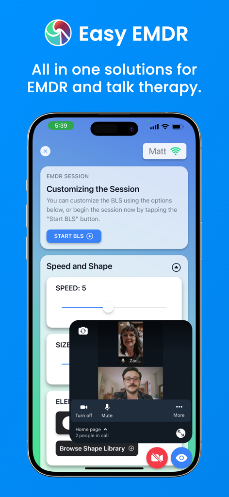 Teletherapy by Easy EMDR - Interfaz de la aplicación Teleterapia de Easy EMDR que muestra una videollamada y herramientas de personalización de sesión.
