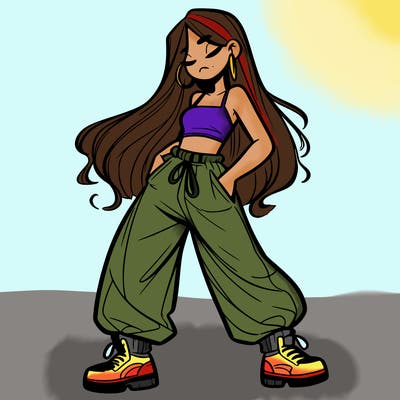 girl in baggy pants crop top and long hair