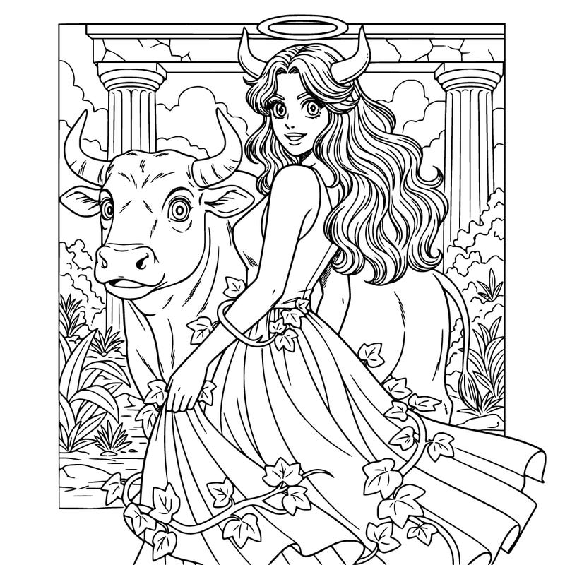 woman with bull horns long flowing dress with ivy crawling up her dress she also has a halo and long flowing hair
