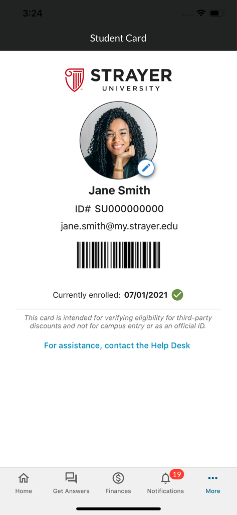 Strayer - Digital student ID card on the Strayer University mobile app showing student information and a barcode