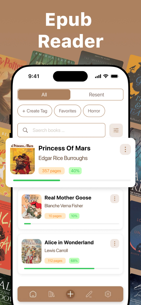 ePub Reader - eBook Viewer - Library interface of the ePub Reader app showing a list of books with reading progress bars and genre tags