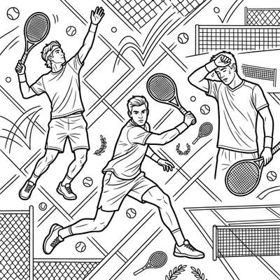 Dive into the exciting world of tennis with this engaging coloring page featuring male athletes in mid-match action. Perfect for sports enthusiasts, it offers a creative way to celebrate the energy and skill of the game.