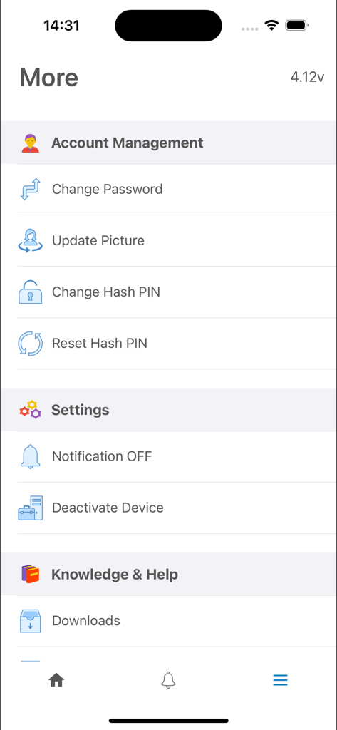 Decibel HRMS - The More menu screen in the Decibel HRMS app showing account management settings and knowledge help options.