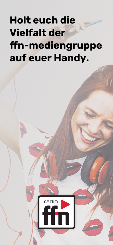 radio ffn. Na denn… ffn - Eine lächelnde Frau mit Kopfhörern, dem radio ffn Logo und Werbetexten auf Deutsch.