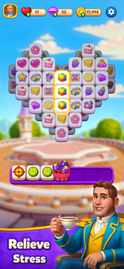 Merge Tile: Match & Merge - Heart shaped tile matching puzzle in Merge Tile with a character holding a cup of tea