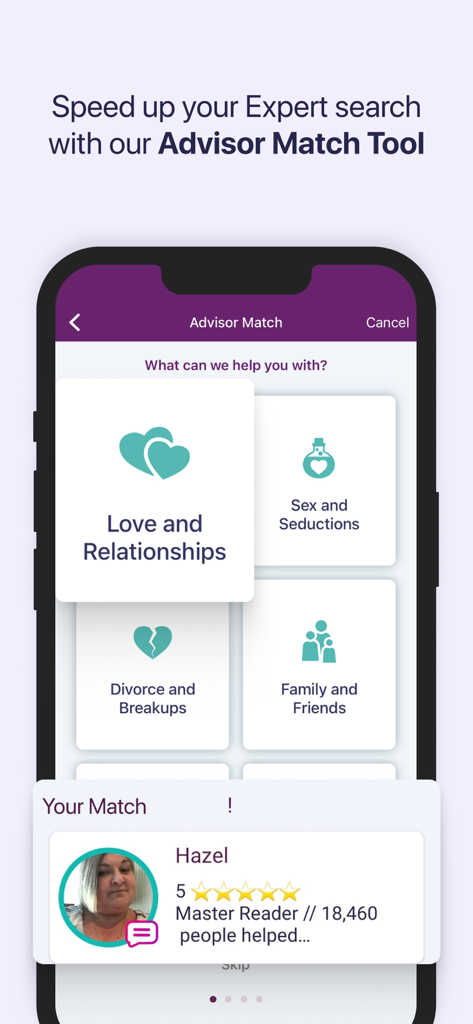 Ein Smartphone-Bildschirm, der das Berater-Matching-Tool der Fortunica-App mit Kategorien wie Liebe und Beziehungen und einem passenden Psychikerprofil anzeigt.