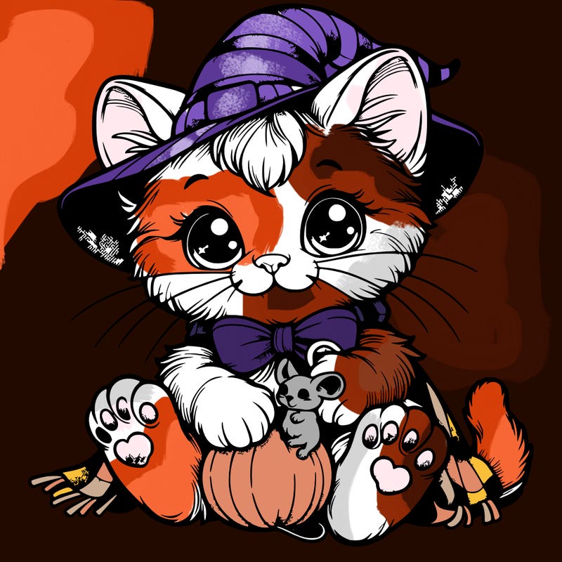 an adorable realistic kitty with a witch hat, socks on her paws, and a little mouse in her mouth