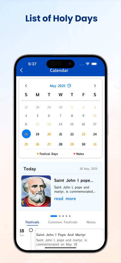 The holy days list and liturgical calendar feature in the RSV Bible mobile application