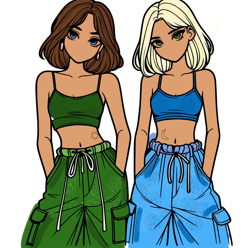 two girls with crop top with baggy pants