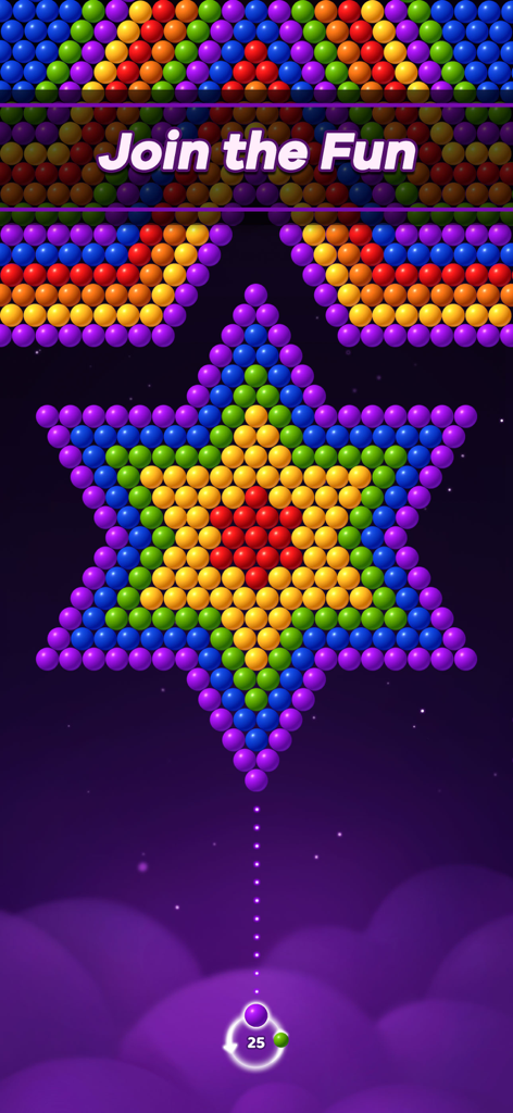 Colorful star shaped bubbles in a bubble shooter game level.