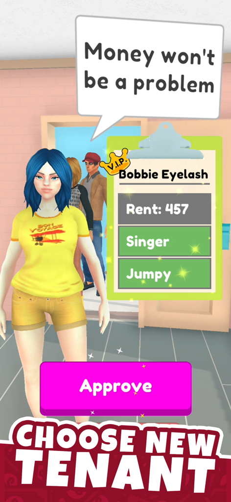 Landlord Simulator - Gameplay screenshot of Landlord Simulator showing the selection of a new VIP tenant named Bobbie Eyelash