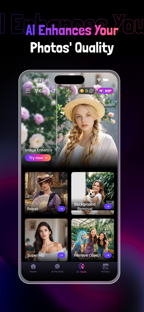 Photo AI Enhancer - Photo AI Enhancer App-Oberfläche, die KI-Tools für Bildverbesserung und Fotoreparatur zeigt