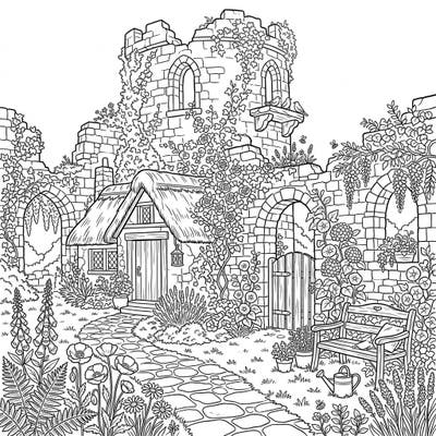 Step into a charming world where ancient castle ruins blend seamlessly with a cozy Cottagecore garden. This intricate coloring page invites you to bring a forgotten fortress, embraced by lush flora and rustic charm, to vibrant life.