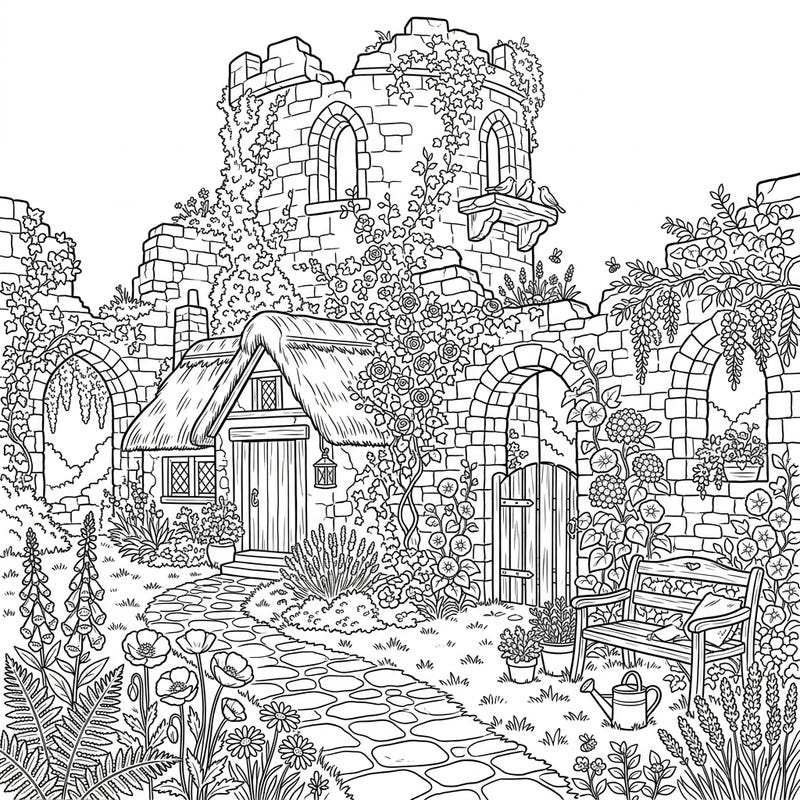 Step into a charming world where ancient castle ruins blend seamlessly with a cozy Cottagecore garden. This intricate coloring page invites you to bring a forgotten fortress, embraced by lush flora and rustic charm, to vibrant life.