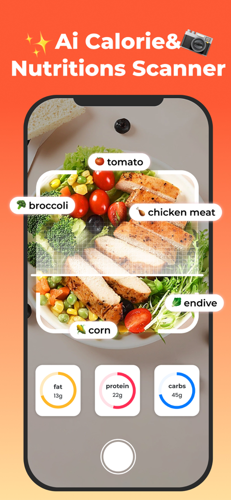 FitCal AI-Calorie Counter&Diet - AI calorie and nutrition scanner interface identifying ingredients and macronutrients on a food plate