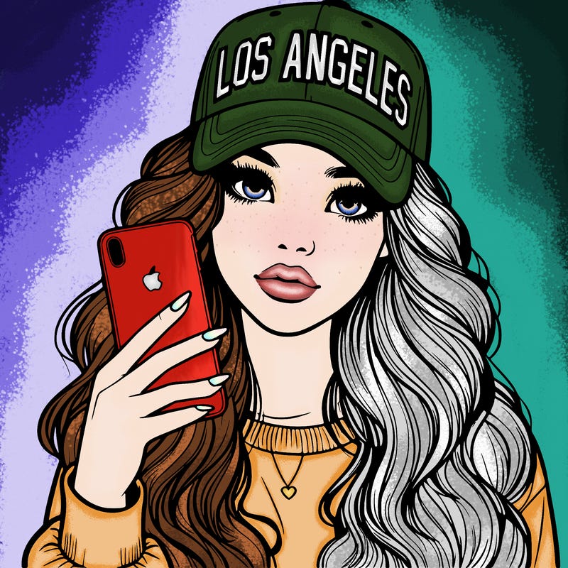 realistic beautiful girl wearing los ángeles cap holding an iphone
