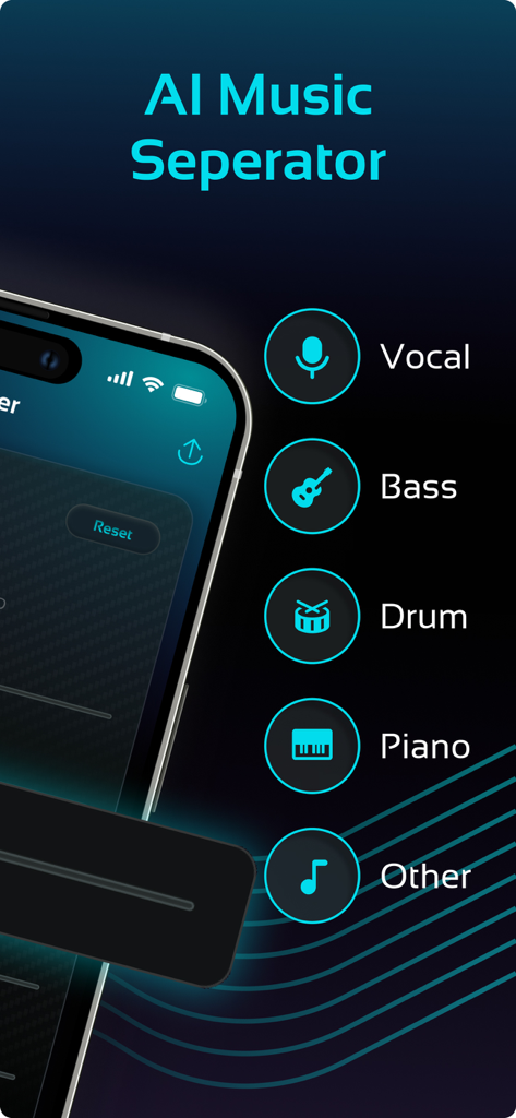 AI music separator app showing options to isolate vocals, bass, drums, and piano from any song.
