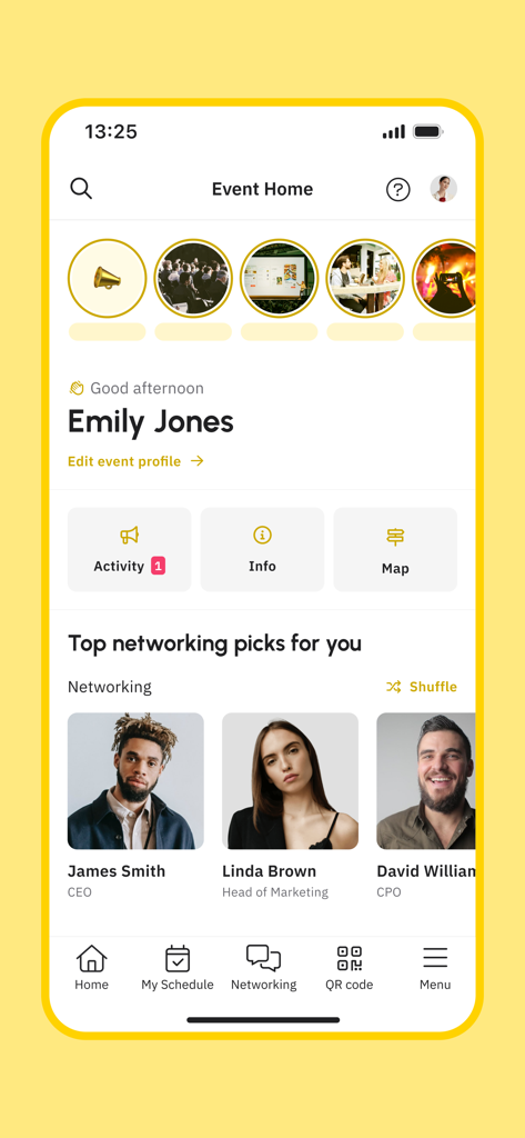 Home screen of the Consensus by CoinDesk app featuring personalized networking picks and event information.