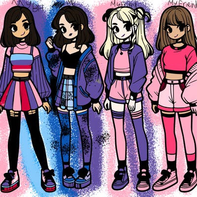 one girl with crop-top shirt and a jacket with a skirt, long socks and another girl with a shirt and pants with a jacket