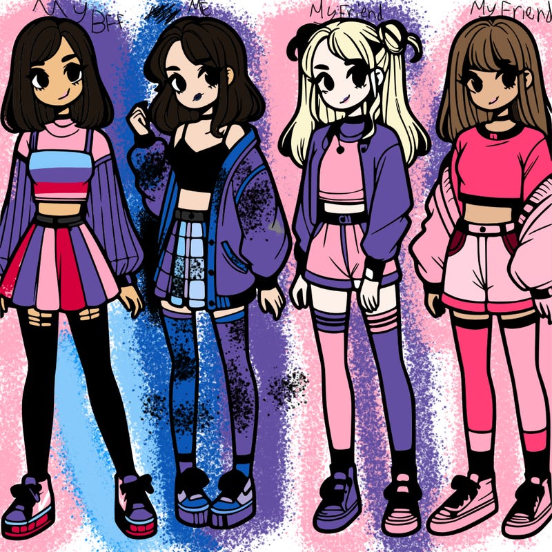 one girl with crop-top shirt and a jacket with a skirt, long socks and another girl with a shirt and pants with a jacket