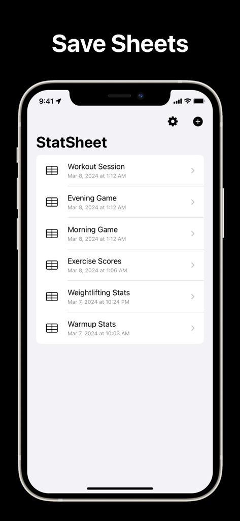 A list of saved game and workout stat sheets within the StatSheet app interface