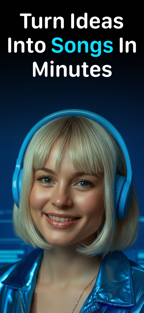 AI Song Generator - Songlify - A smiling young woman wearing blue headphones with the text Turn Ideas Into Songs In Minutes