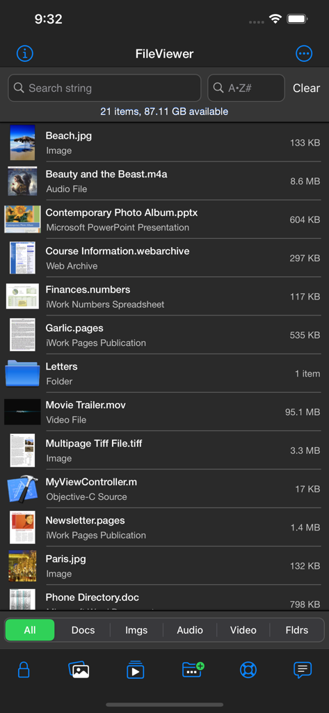 FileViewer USB for iPhone - Interfaz principal de la lista de archivos de la aplicación FileViewer USB mostrando varios tipos de archivos con sus tamaños