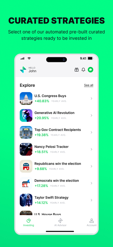 Streetbeat app interface displaying curated AI investment strategies and themed portfolios with their yearly average returns