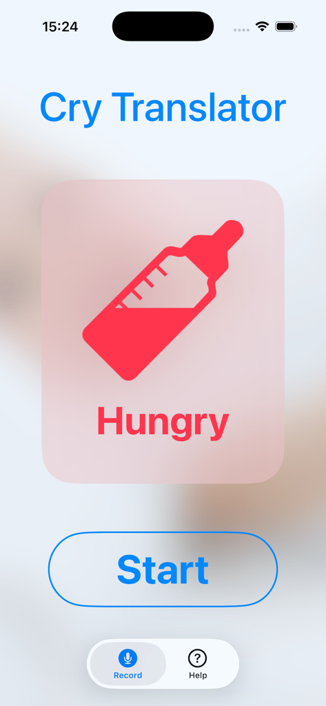 Cry Translator app interface displaying a hungry status with a baby bottle icon