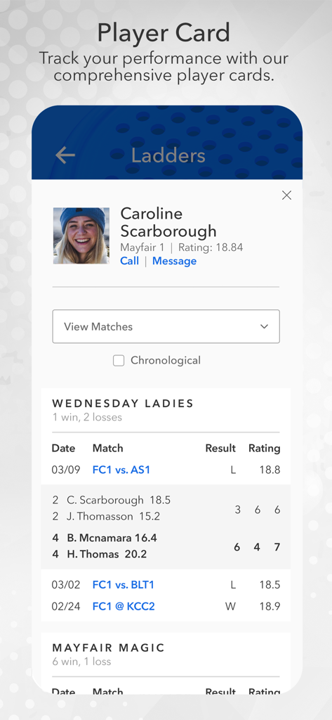 Tenniscores - Tenniscores app player profile showing match results and performance ratings