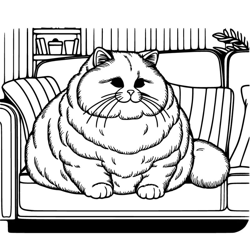 a realistic fat and fluffy adult cat on a sofa