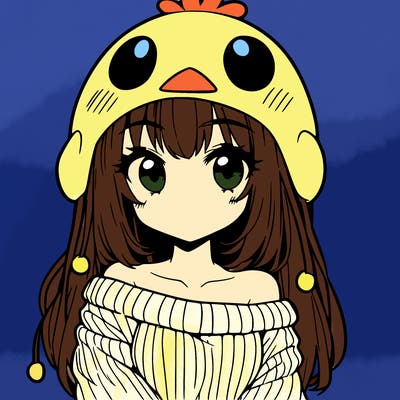 anime girl with chick shaped hat with sweater with bare shoulders with bangs covering them one eye with low tail