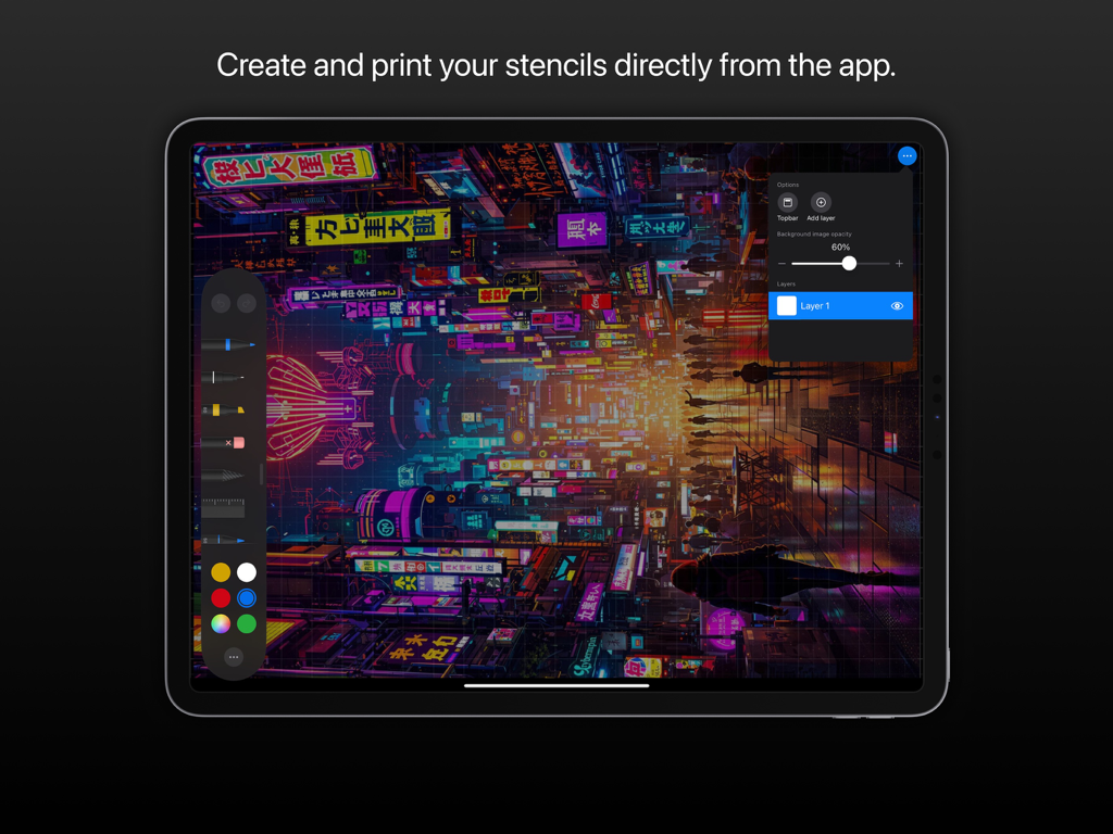 Inksquad Artist 타투 스텐실 편집기 인터페이스가 iPad에 표시되며 디지털 디자인 및 레이어 관리 도구를 보여줍니다.