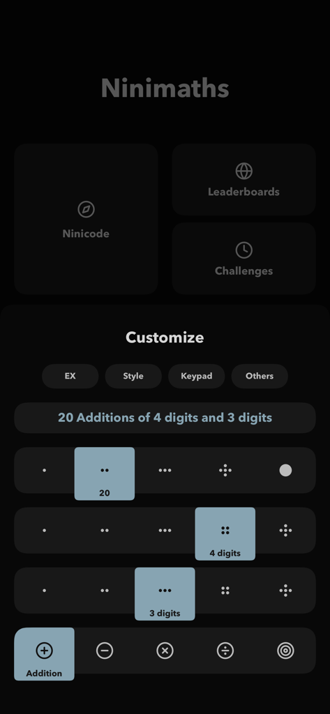 Ninimaths - Ninimaths app menu for customizing mental arithmetic drills including digit count and operation type